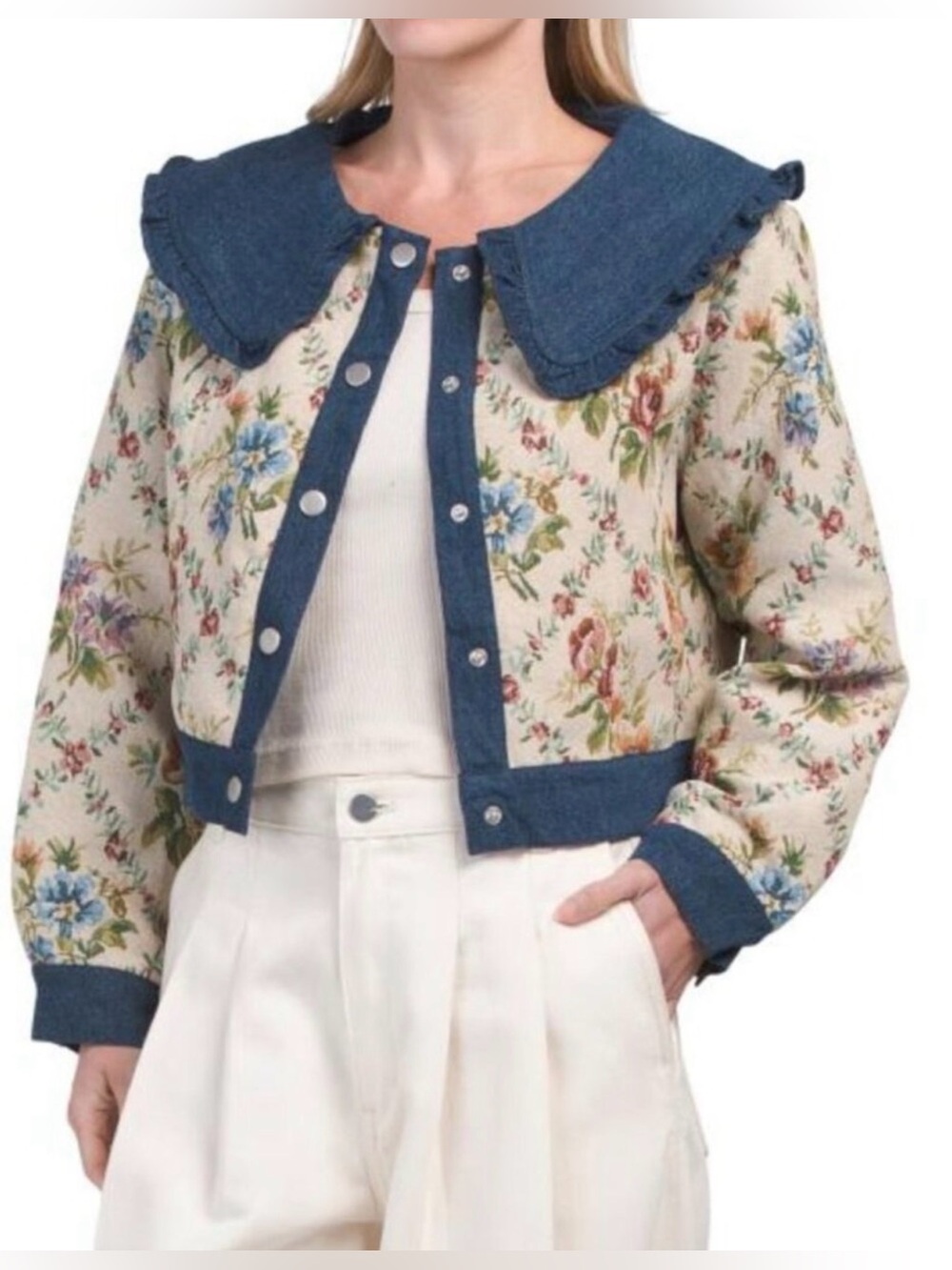 JACQUIE THE LABEL Cream Floral Tapestry Cropped Jacket with Blue Denim Trim M